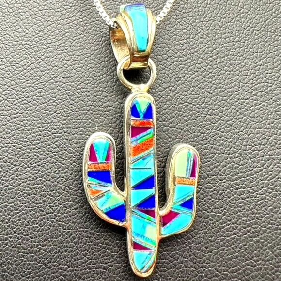 Turquoise Multicolored Sterling Silver Inlaid Saguaro Cactus Pendant Necklace - Picture 1 of 5